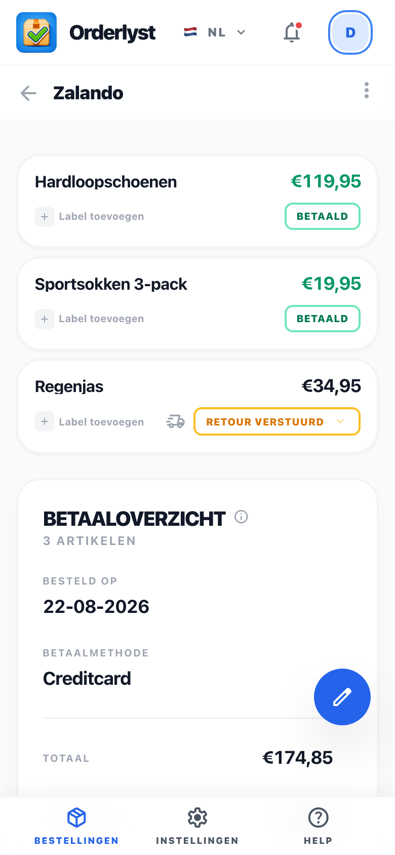 Een bestelling in Orderlyst met per artikel een status: betaald, betaald en retour verstuurd