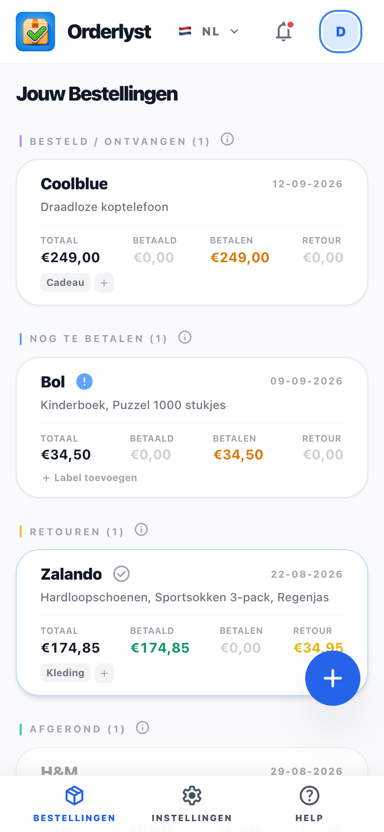Het bestellingenoverzicht in Orderlyst, met de groepen besteld, nog te betalen, retouren en afgerond